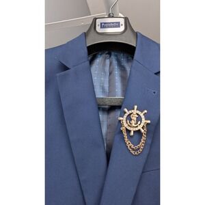 Portabella NY Suit Jacket Indigo Blue Size 38R 32W Gold Anchor Pin Nautical